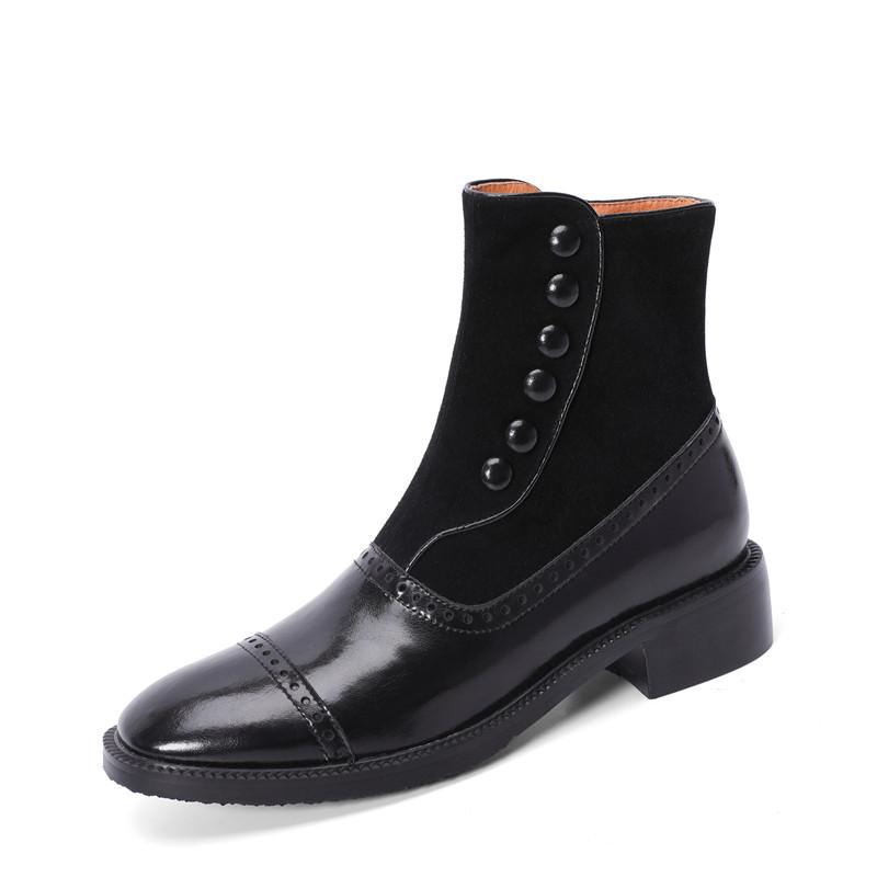 

Модные женские ботинки с квадратным носком, зимние, с заклепками, пряжкой, на молнии, броги, ретро, короткие ботинки, толстый каблук, ботильоны, модная обувь из флока для женщин 40