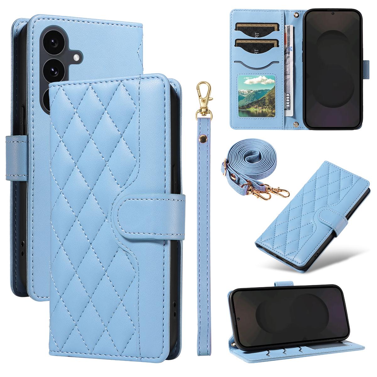 

Чехол-кошелек для Samsung Galaxy S25 FE, ромбовидный кожаный чехол для телефона с ремешком Blue