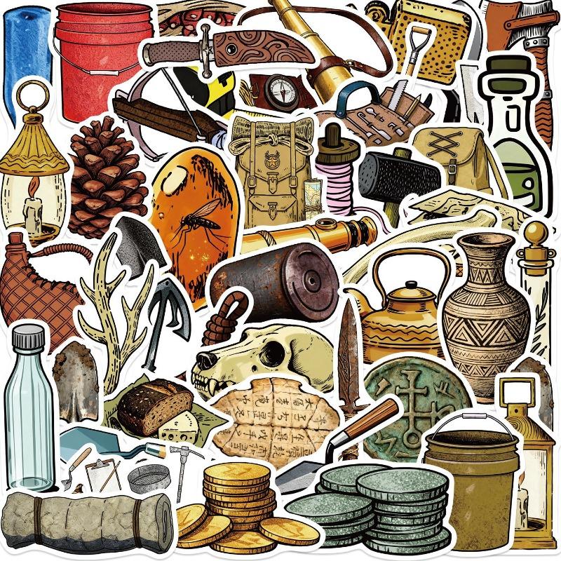 50 Stickers Featuring Cartoonish Vintage Archaeological Tools for Decorating Mobile Phones, Notebooks and Waterproof Stickers