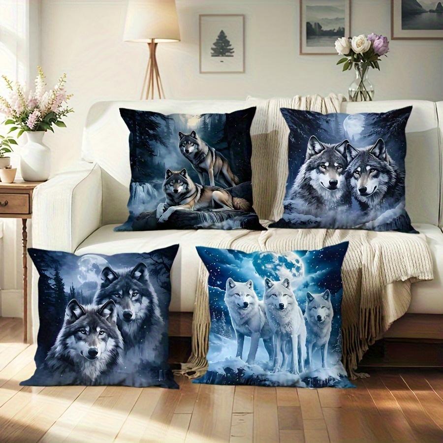 4 stuks Scandinavische Wolfskoning Print Kussenslopen - Noordse Wolfskudde Ontwerp, Zachte Vierkante Decoratieve Kussenslopen met Ritssluiting, Enkelzijdig Bedrukt