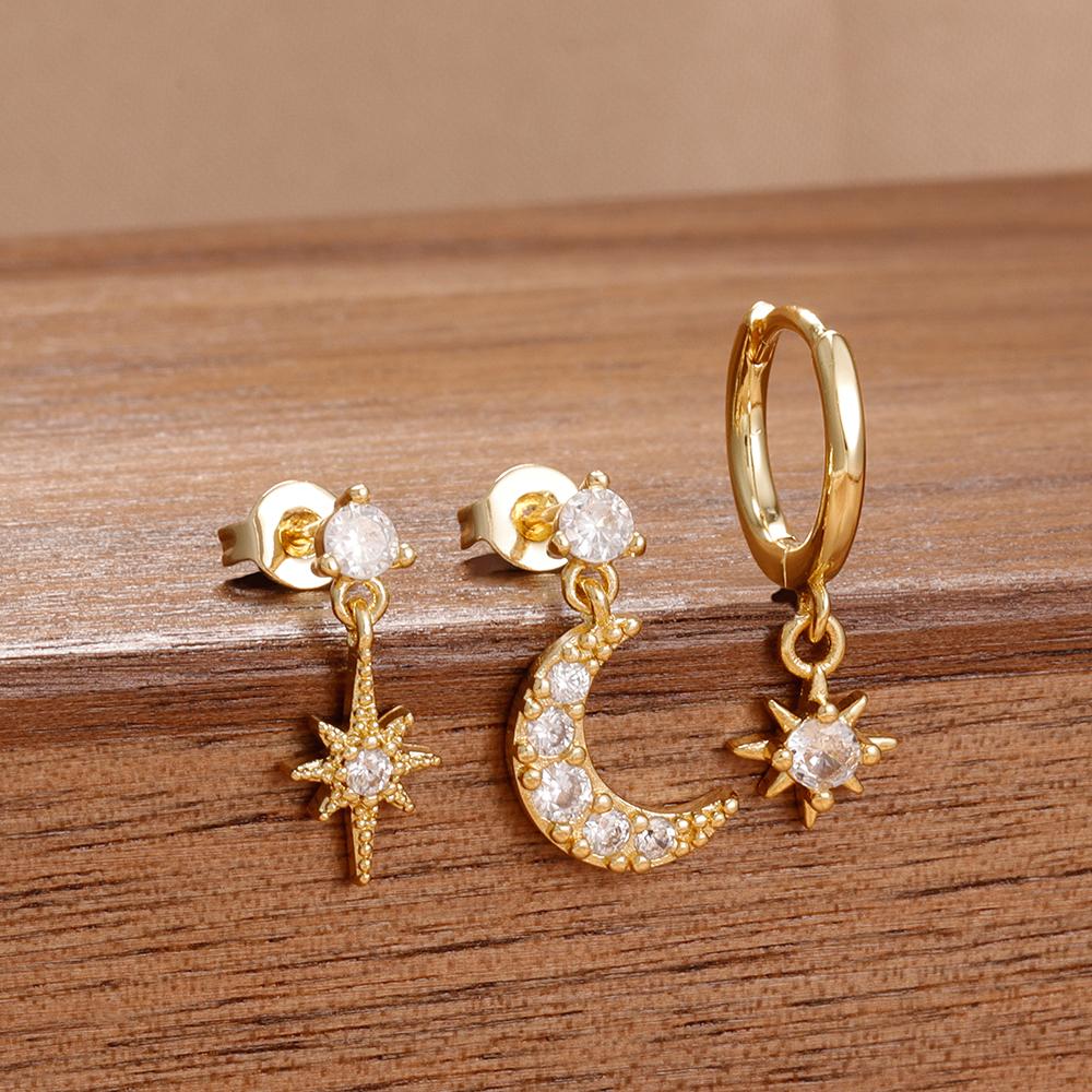 3PCS New Design Stainless Steel CZ Zircon Star Moon Stud Earring Set For Women Punk Unisex Rock Earring Statement Jewelry aretes