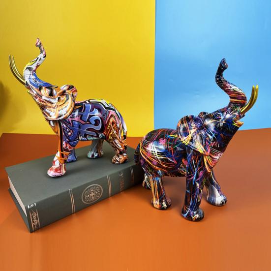 Creative Elephant Shape Statue Graffiti Pattern Good Luck Figure Synthetic Resin Display Mold Office Decor