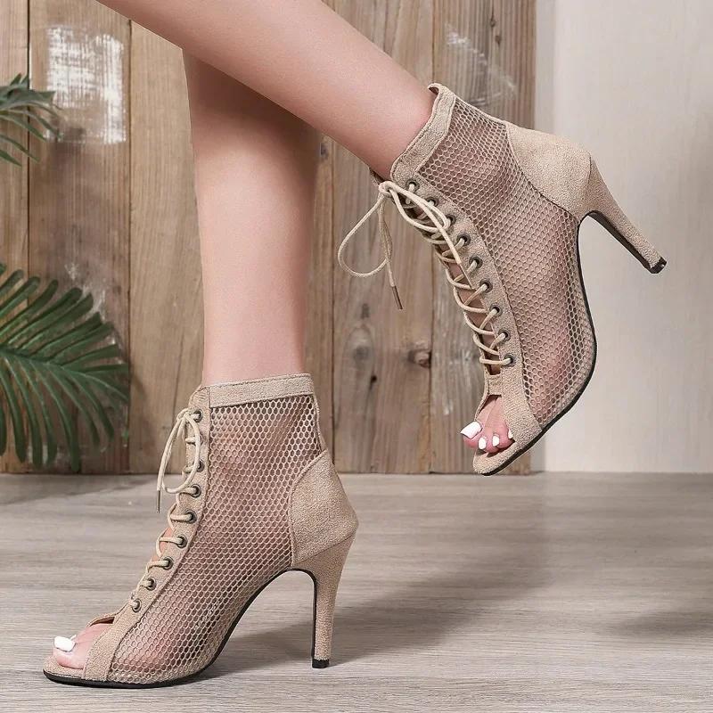 Women's Sandals 2026 Summer Boots High Top High Heels Dance Ballroom Ladies Shoes Girl Fashion Party Mesh Cutout Heeled Sandals