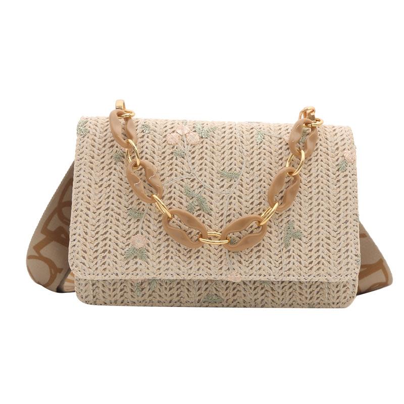 Fashion Straw Woven Bag for Women Lace Flower Crossbody Bag Versatile Small Square Chain Shoulder Handbag