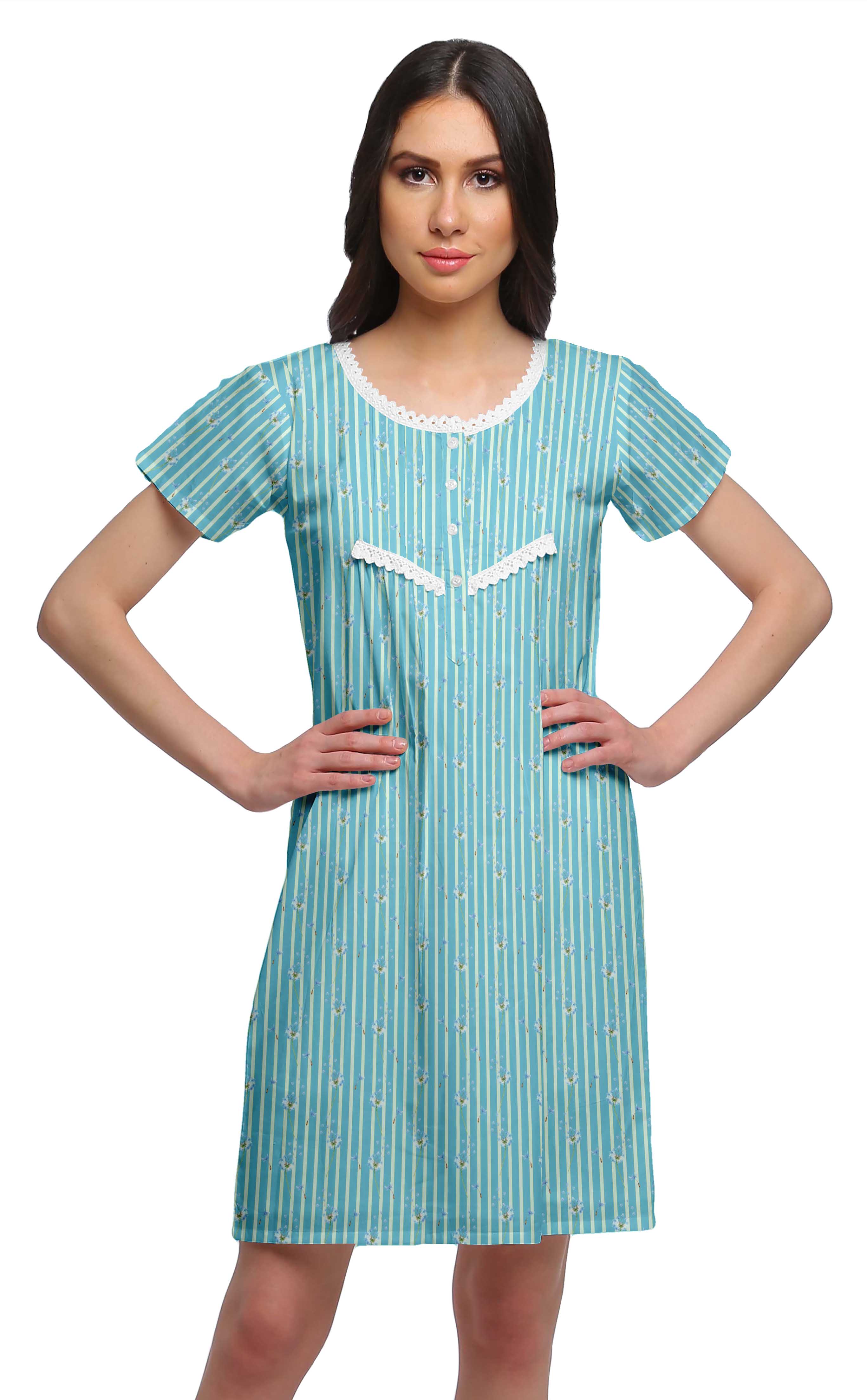 

Moomaya Cotton Lace Neckline Sleepwear For Women Button Placket Nightdress XS бірюзовий колір синій