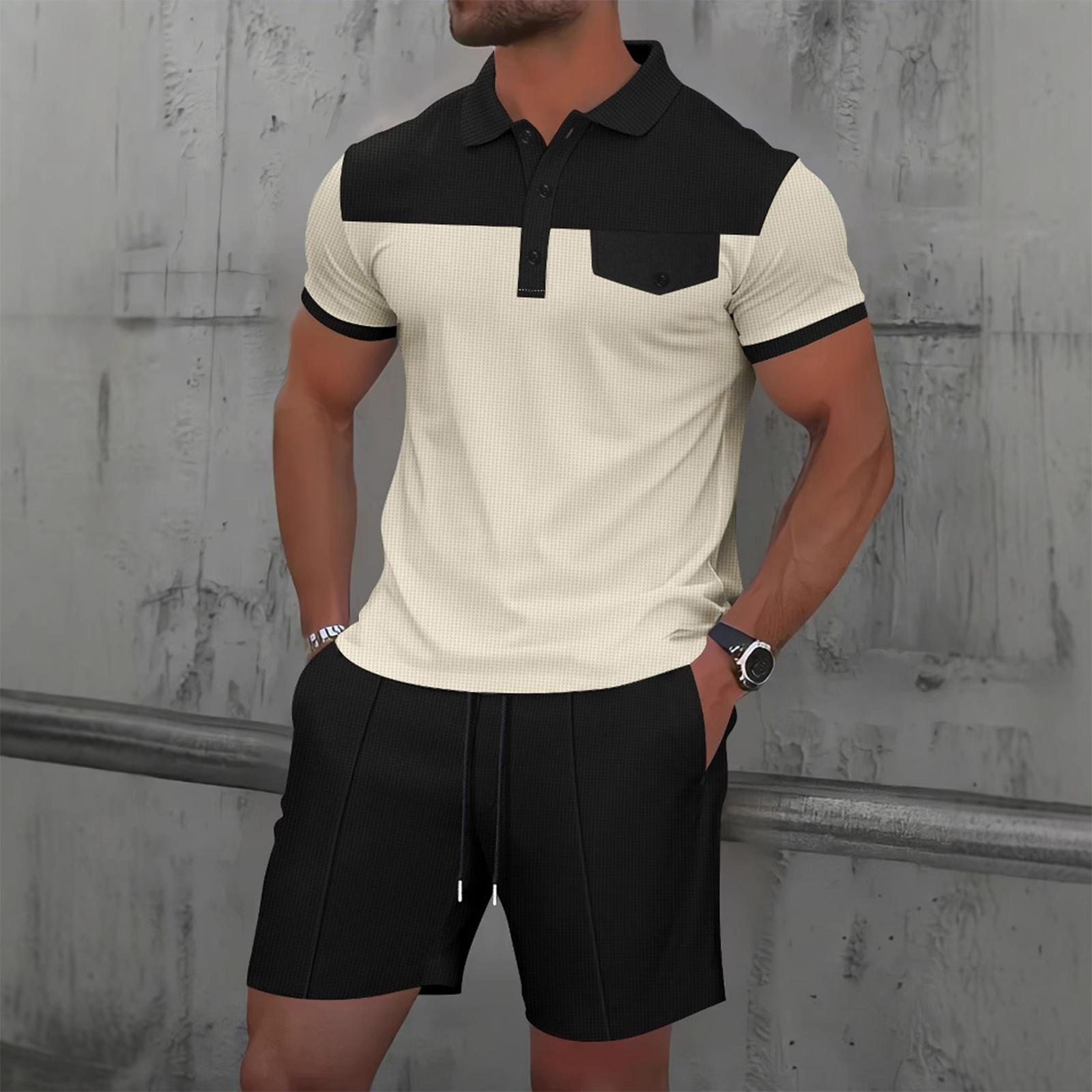 

Мужской однотонный повседневный комплект из двух предметов с короткими рукавами и воротником M хаки