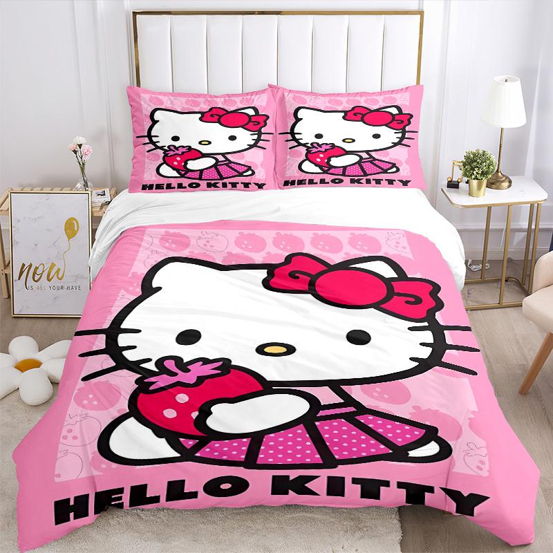 3pcs Strawberries and Hello Kitty Quilt Cover Set (1 Quilt Cover + 2 Pillowcases Without Pillow Core), High-Definition Printing for Home and Dorm