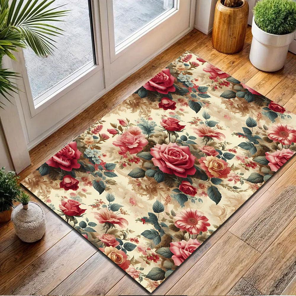 Vintage Floral Elegance Rug Design Patterned Carpet, Non Slip Mat Suitable for Living Room and Bedroom Sofas
