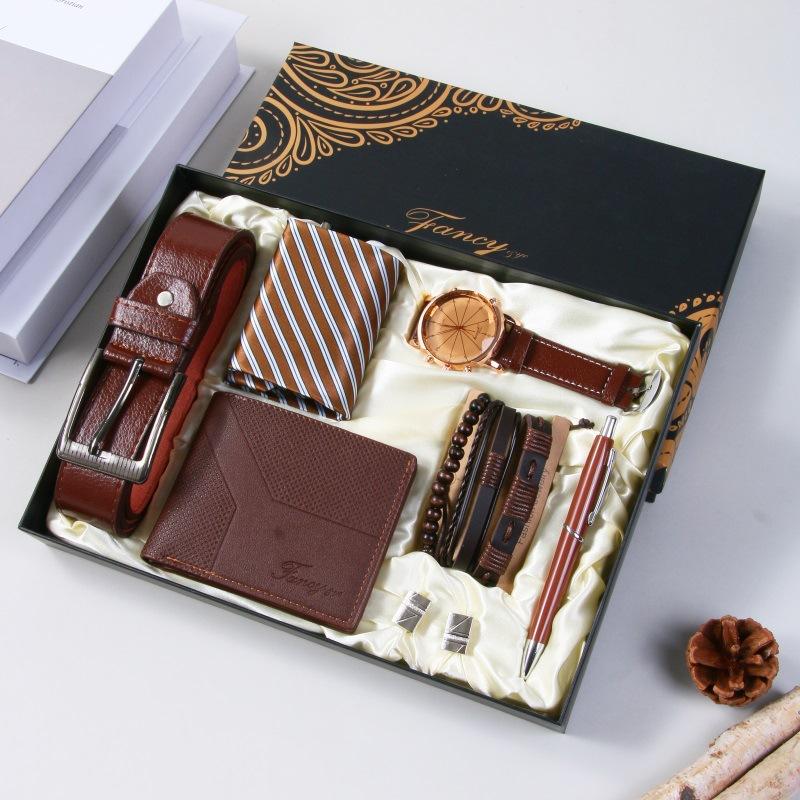 Fancy & Yc M2901 Low MOQ 1PCS Men Business Gifts Set 8-piece Quartz Watch, Belt, Wallet, Tie, Pen, Bracelet, Cuff Link, with Box