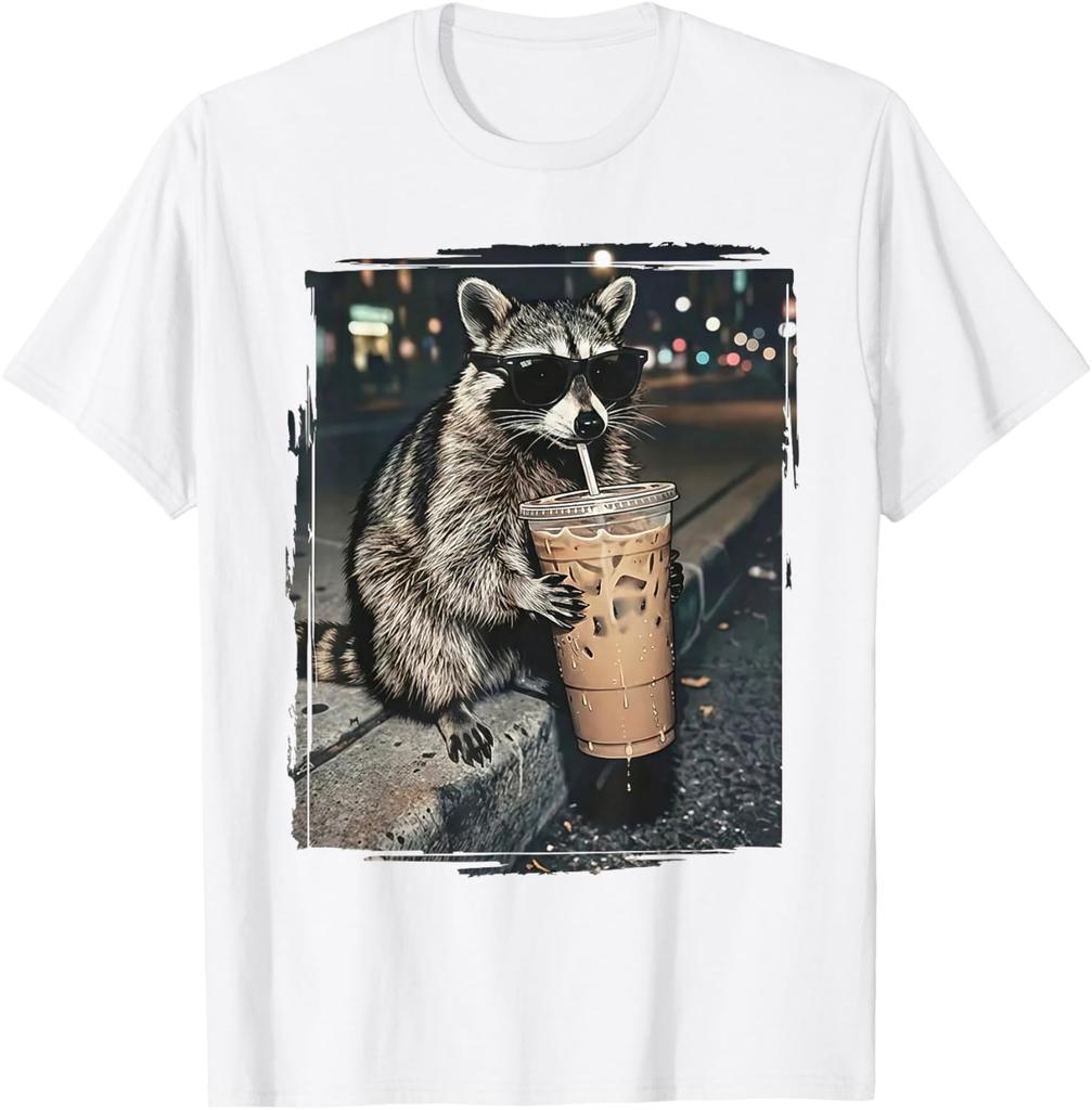Waschbär trinkt Eiskaffee Lustiges Tier-Meme T-Shirt Unisex Sommer Baumwollkleidung Mode Rundhals Kurzarm T-Shirt