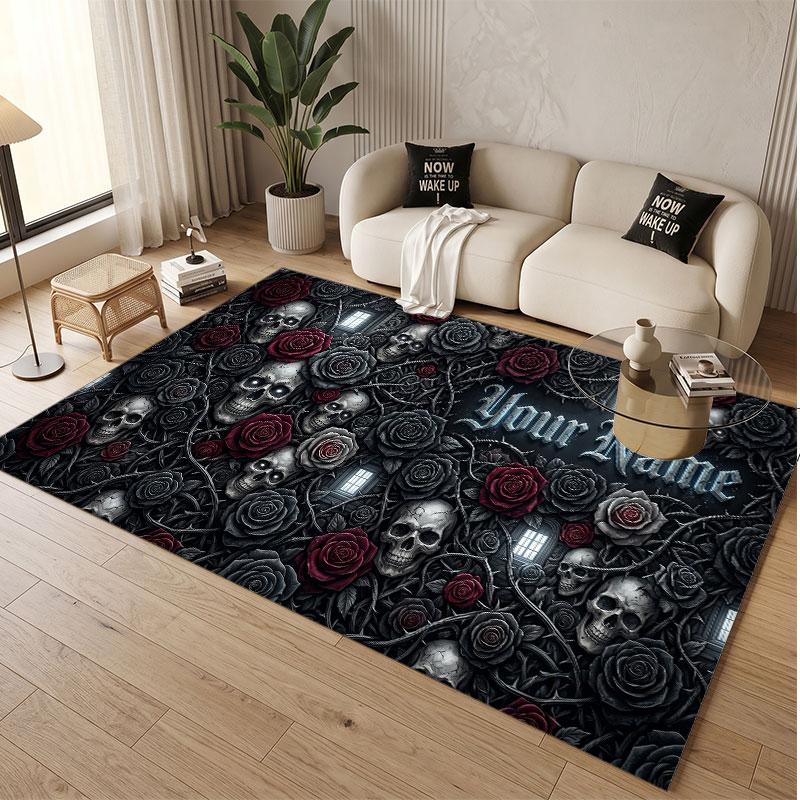 Skull Gothic Theme Soft Crystal Velvet Rug Custom Name & Text Print Non Slip Floor Rug for Bedroom Living Room