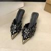 Pointed Toe Stiletto High Heel Baotou Half Drag Summer New Rhinestone Flower Fairy Wind Metal Head Cold Slippers Outside Wear