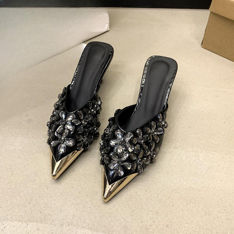 Pointed Toe Stiletto High Heel Baotou Half Drag Summer New Rhinestone Flower Fairy Wind Metal Head Cold Slippers Outside Wear
