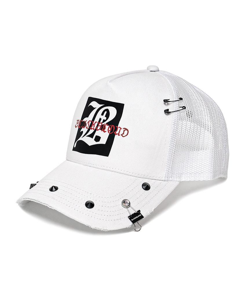 BLACKBLOND Vividi Graphic Logo Studded Trucker Mesh Cap (White)
