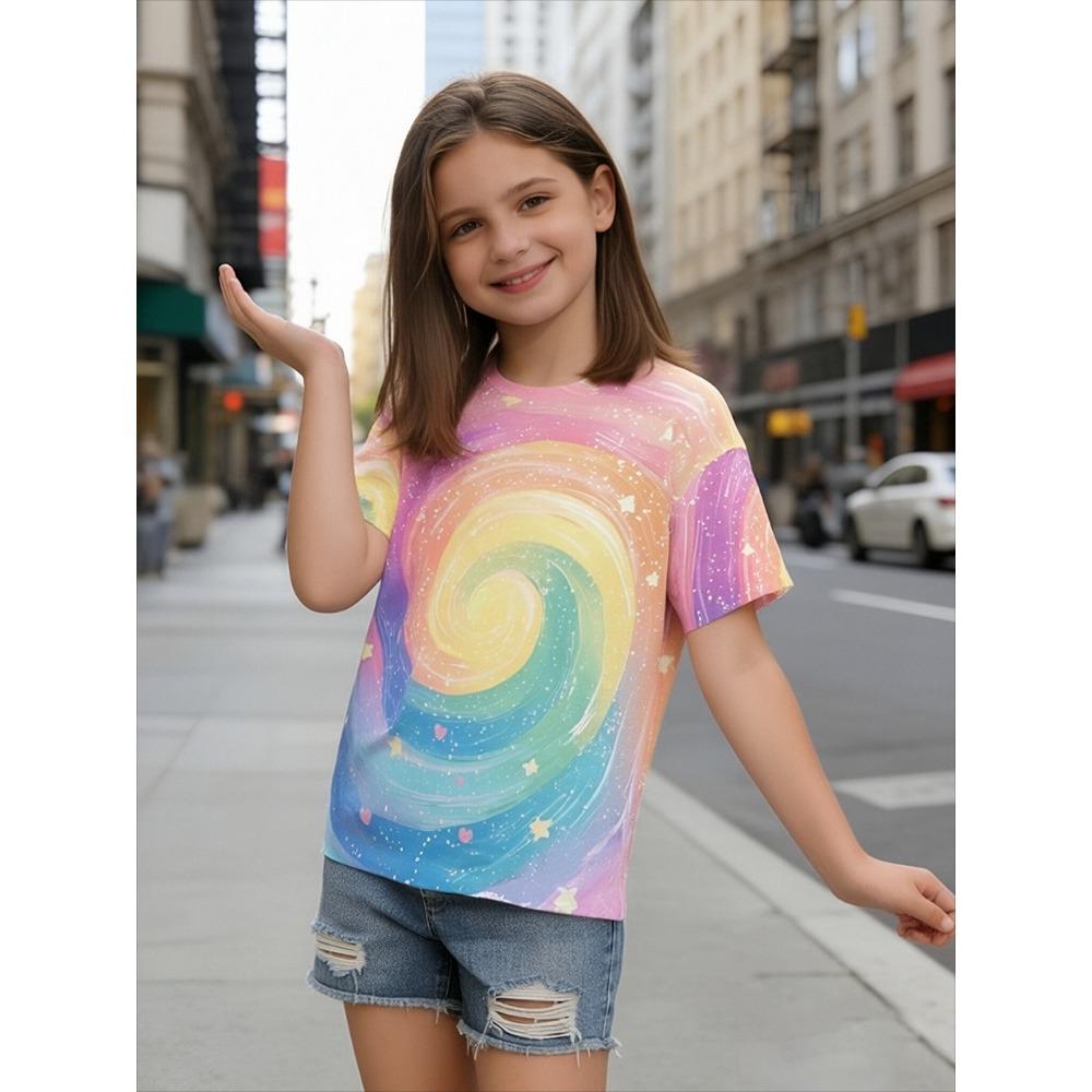 

2026 summer new girls short-sleeved T-shirt, rainbow swirl star printed top 110