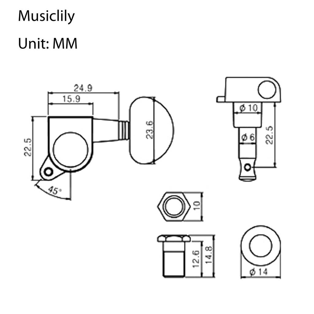 Musiclily Pro Gitarre Schwarz 3+3 Mechaniken, Halbmond-Knöpfe,