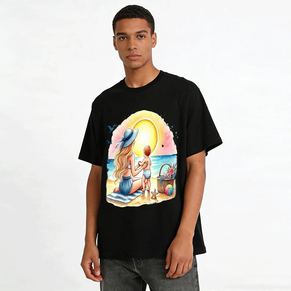 Sunset Beach Mom And Baby Graphic Casual Tee Pure cotton T-shirt
