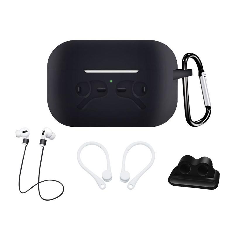 5-in-1 Earphone Case for Airpods Pro Headset Full Protective Soft Silicone Case+Carabiner+Anti-lost Strap+Ear hook+Buckle
