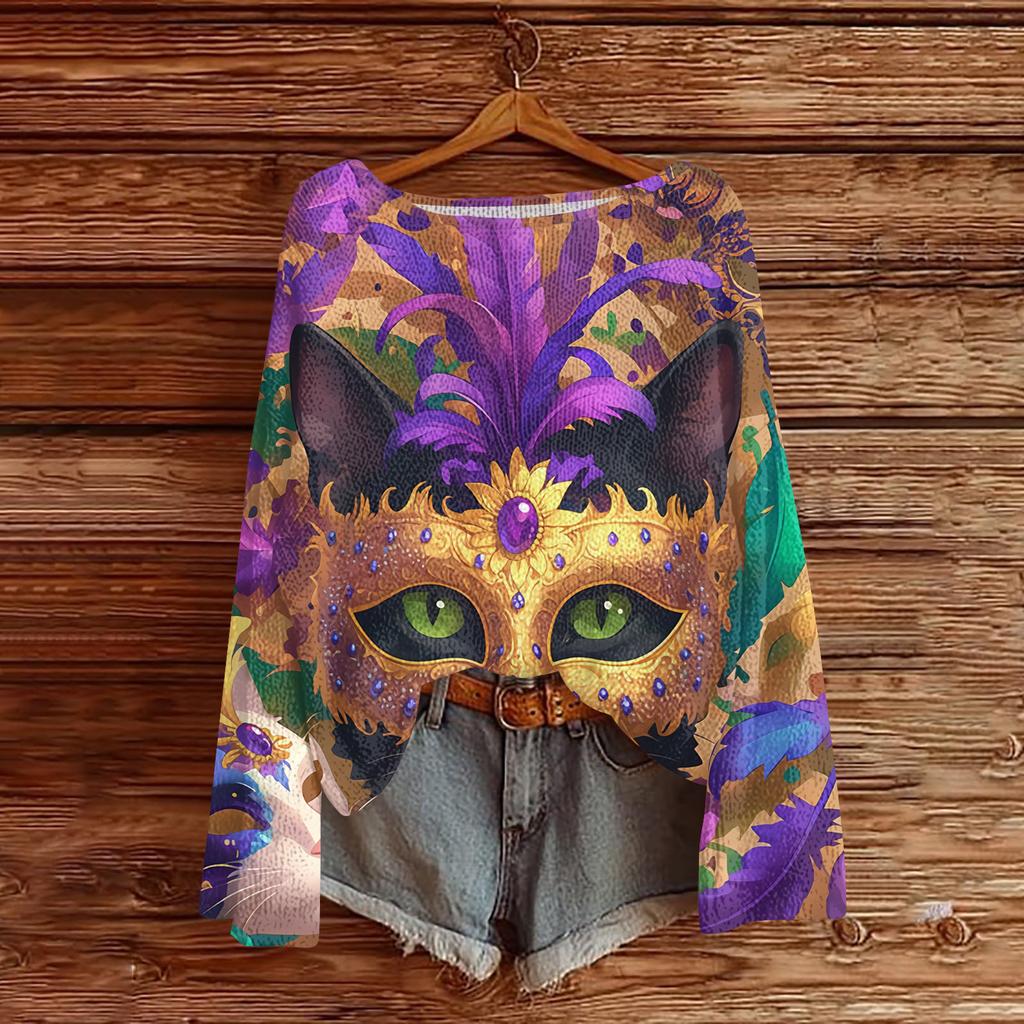 Damen Casual Mode Rundhals Oberteil Karneval Print Langarm Strickpullover