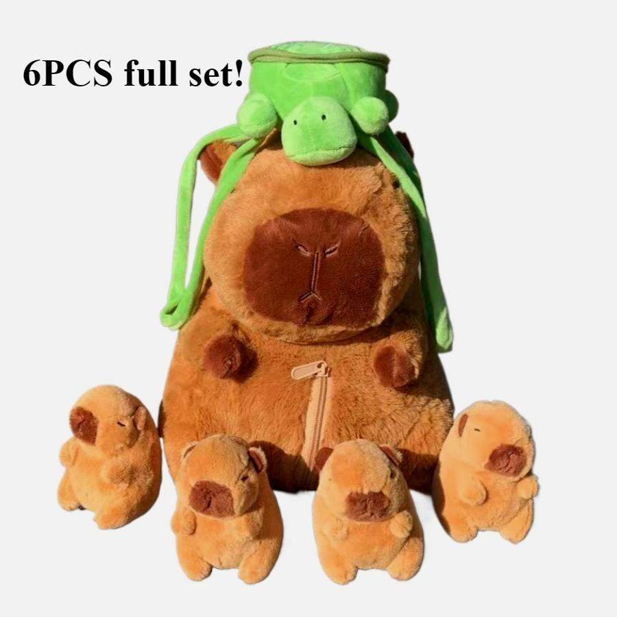 Capybara Pluche Speelgoed Set Mama met 4 Kleine Capybara's Capibala Pluche Poppen Knuffeldier Kussen Schildpad Rugzak Auto Decoratie