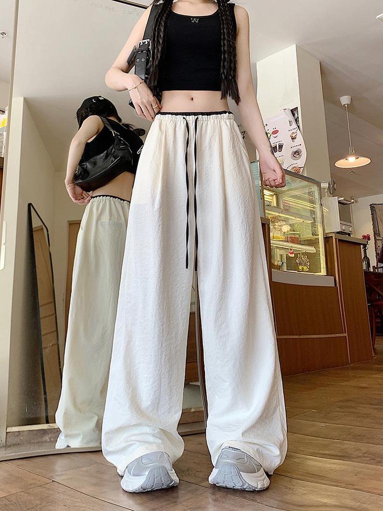 Korean Retro Colorblock Ice Silk Wide-Leg Summer Pants for Women