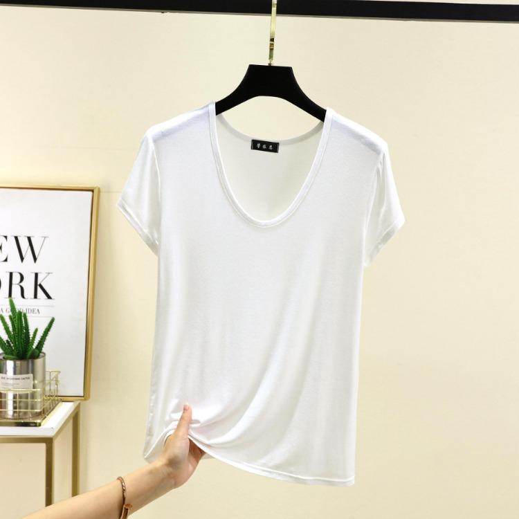 Plus Size Women's Loose U Neck Short Sleeve Modal Tee Thin Solid Color Tshirt All Match Tops M to 6XL