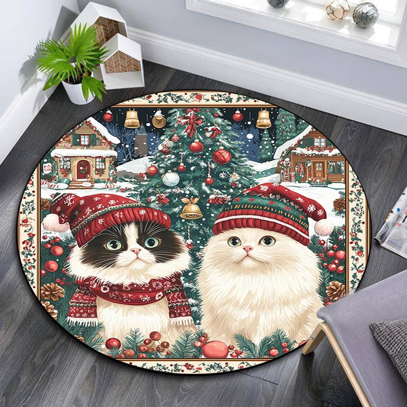 Christmas Cat Pattern Round rug,Carpet Rug for Living Room Bedroom Playroom ,Non-slip Floor Mat,Holiday Gifts and Birthday Gifts.