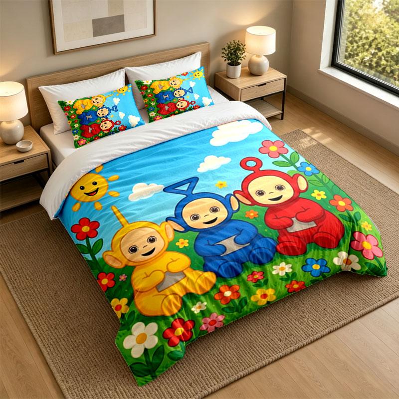 3Pcs Bedding SetTeletubbies Soft Bed Sheet and Two Pillowcases Home Bedroom Decor