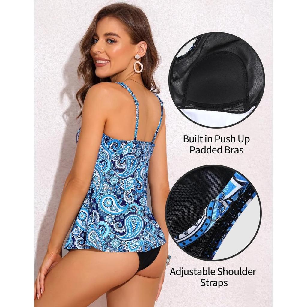 CHARMLEAKS Womens Tankini Top Twist V Neck Bathing Suit Top Flowy Padded Swimsuit Top Swim Tank Top Only