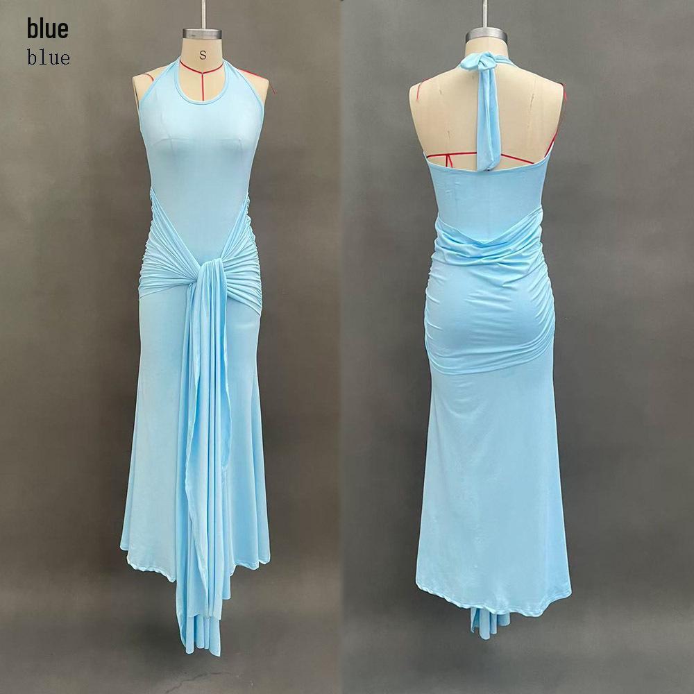 

2026 Европейское и американское spliced ribbon camisole halterneck slim fit длинное платье Medium светло-синий