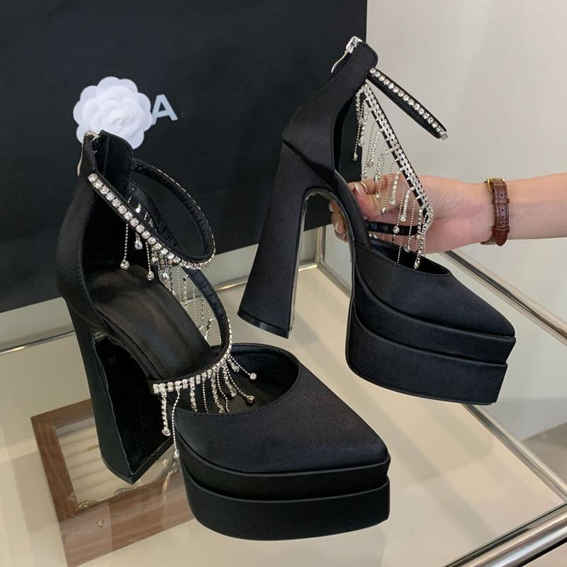 Fashion Luxury Rhinestones Tassels Satin Women Pumps Elegant Pointed Toe Platform Wedges Super High Heels Runway Style Party Prom Shoes