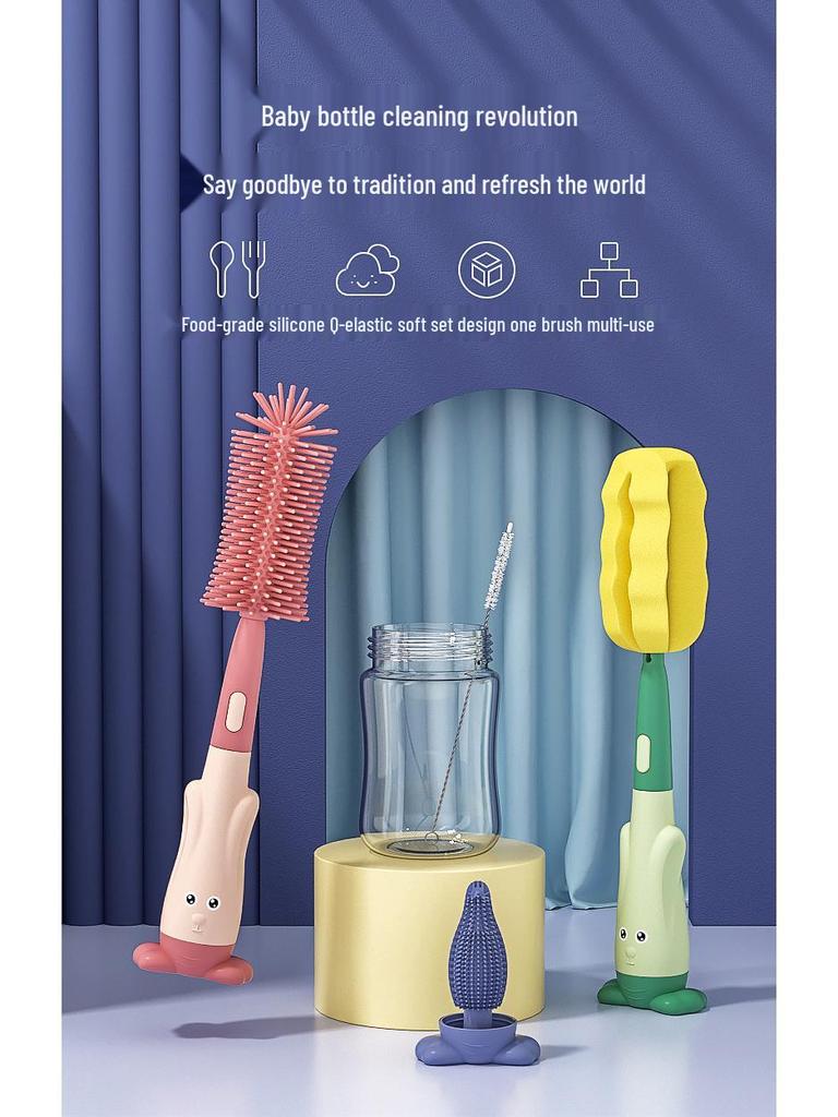 Rotating Silicone Baby Bottle, Nipple, & Straw Cleaning Brush Set