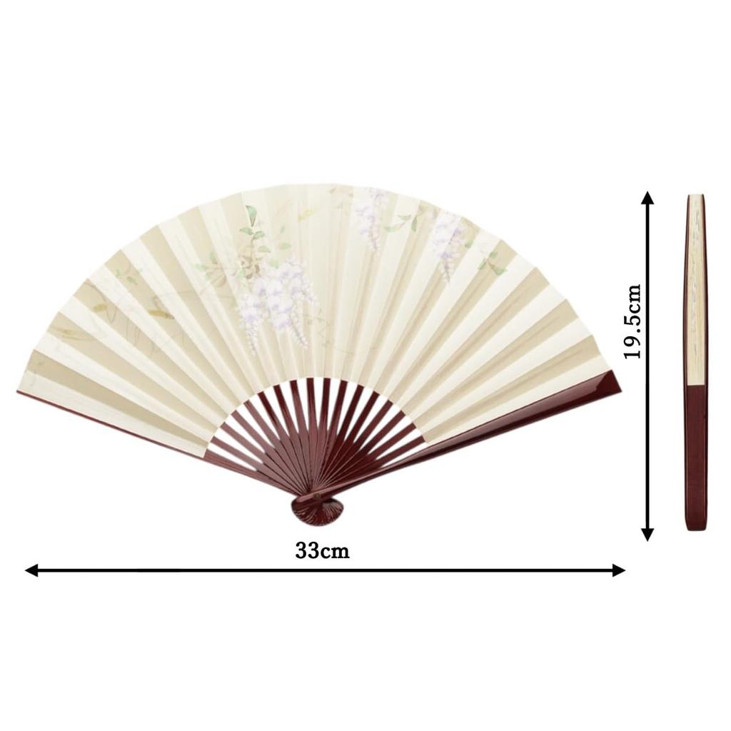 Kyoto-style fan, "Yamabe no Fuji" (Wisteria of the Mountains), Made in Japan, Kyoto. Hand-painted paper fan for women, double-sided, wisteria design,