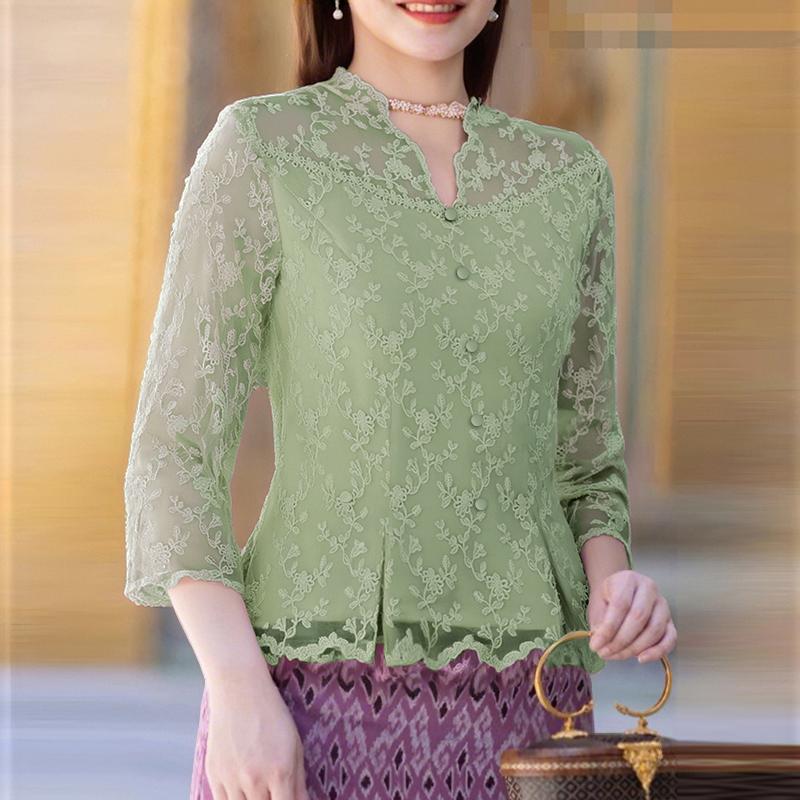

ZANZEA Женская элегантная блузка с кружевной вставкой, повседневная, с рукавом 3/4 5XL зелёный