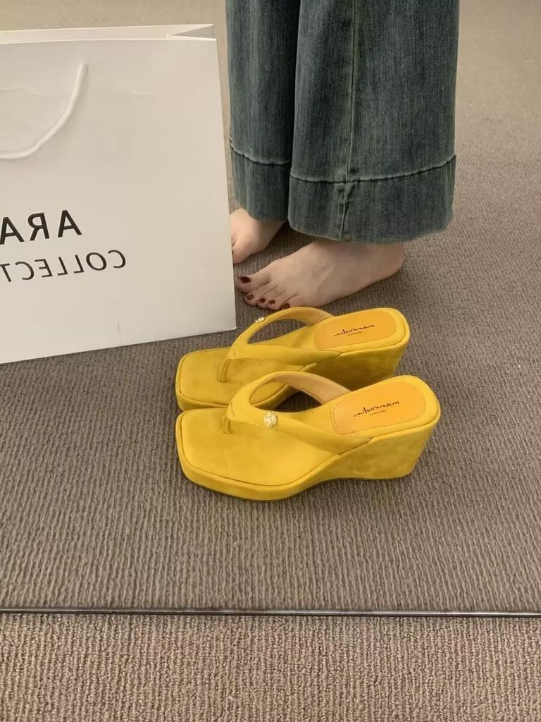 Fashion Fashion Square Clip Toe Platform Sandals Woman Chic Denim Wedge Flip Flops Ladies Summer Street Style Thick High Heel Slippers