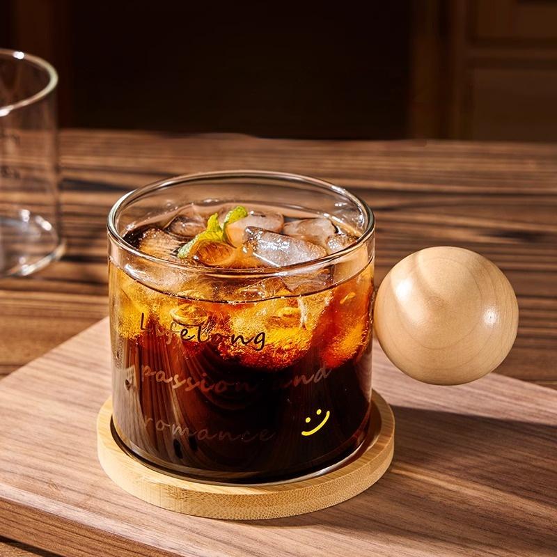 Round Wooden Handle Transparent Glass Cup For Coffee Household Coffee Cups Kitchen Office Coffee Mug With Cup Saucer