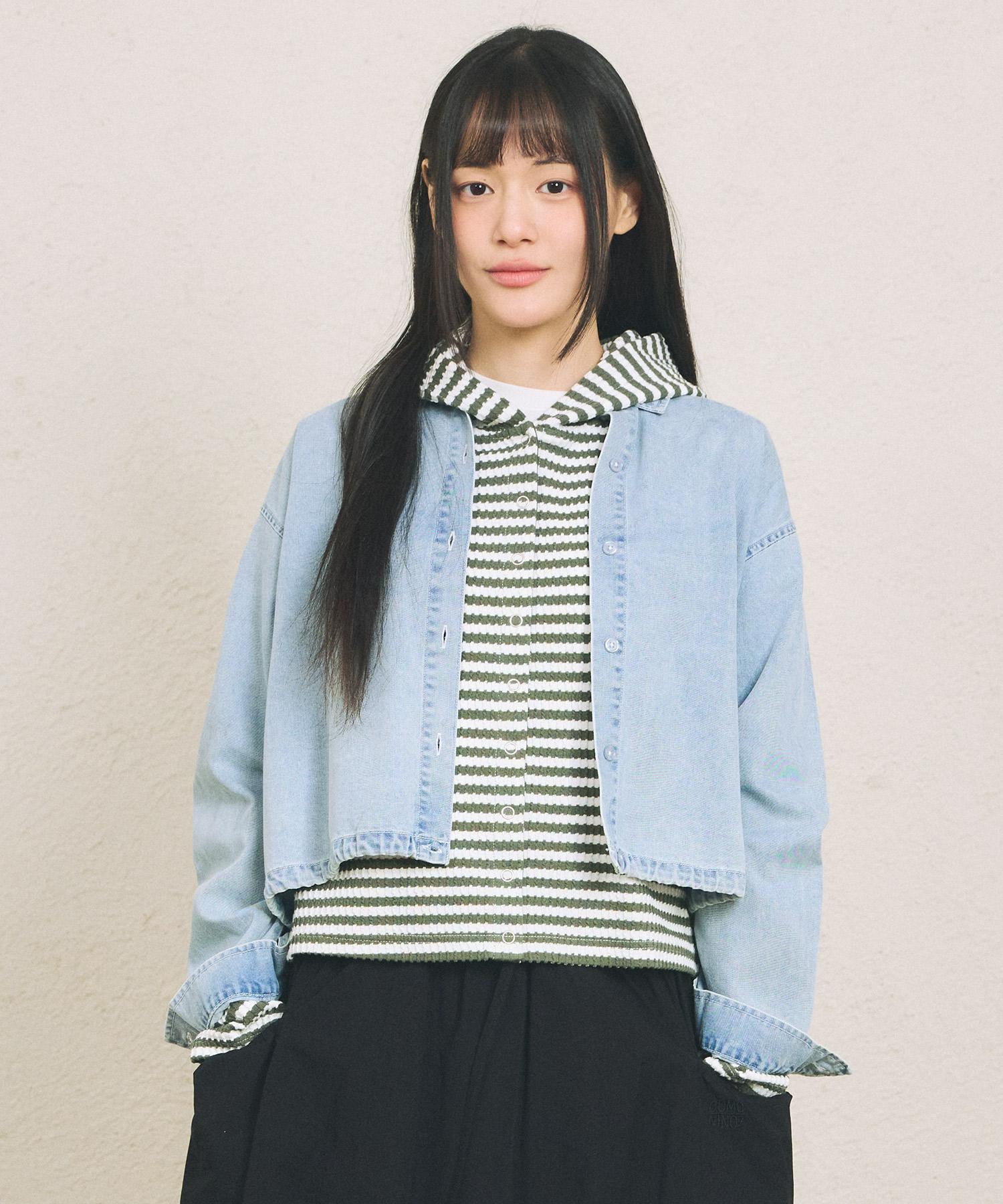 Comoni Nose W Denim Crop Blouse [Sky Blue] Sky Blue/Free