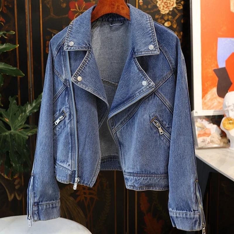 Spring Autumn Women Denim Jacket Casual Lady Moto Biker Coat Vintage Lapel Zipper Jacket
