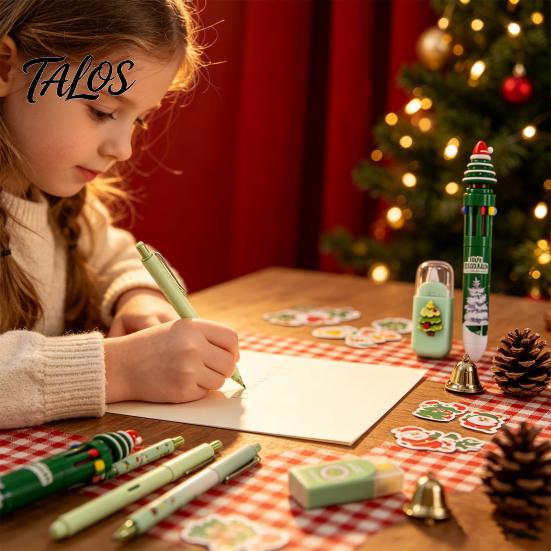 Classroom Reward Prizes for Christmas 6PCS Stationery Set Students, Cute Patterns Print Holiday Writing Pens with Accessories Practical School