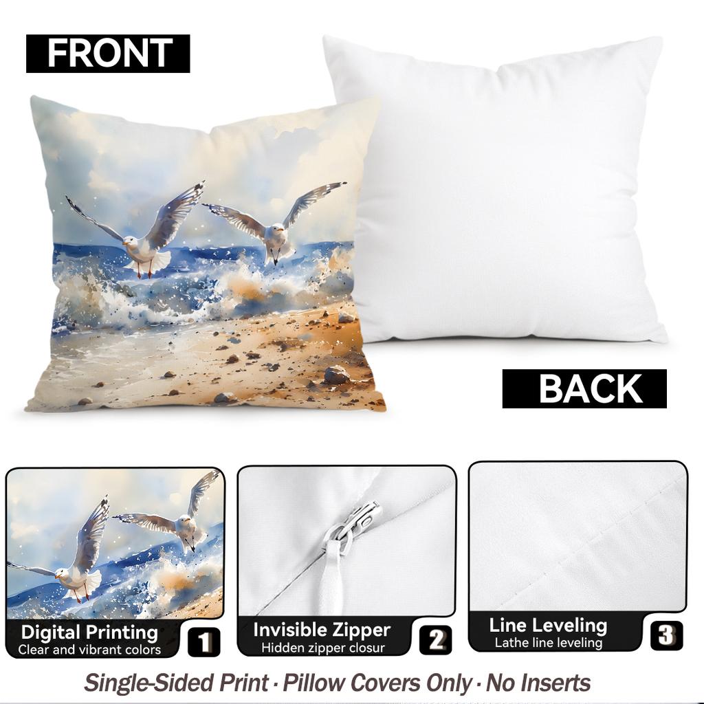 1pcs/4pcs Watercolor Seagull Coast Cushions Pillowcase Polyester Cushion Cover Throw Pillow Pillowcover Home Car Sofa Decor