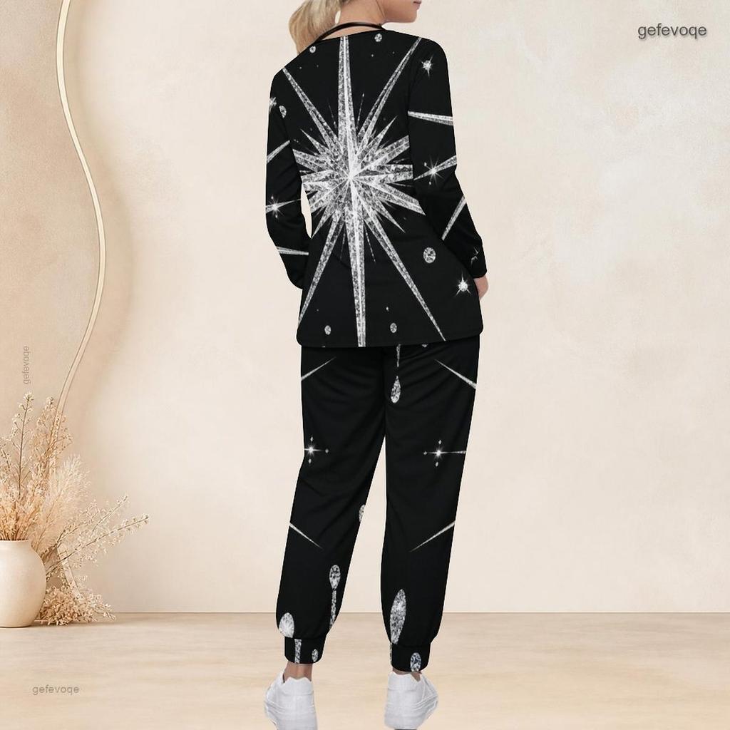 Women Plus Size Black Green Gold Printed Scrub Set V Neck Long Sleeve Pocket Top And Long Pants
