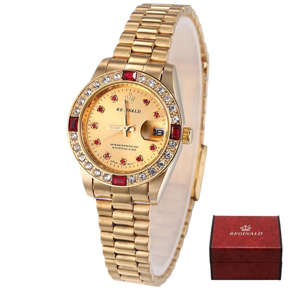 REGINALD Golden Lady Watch Date Crystal Styles Women's Dress Clock Water Proof Dress Wristwatch