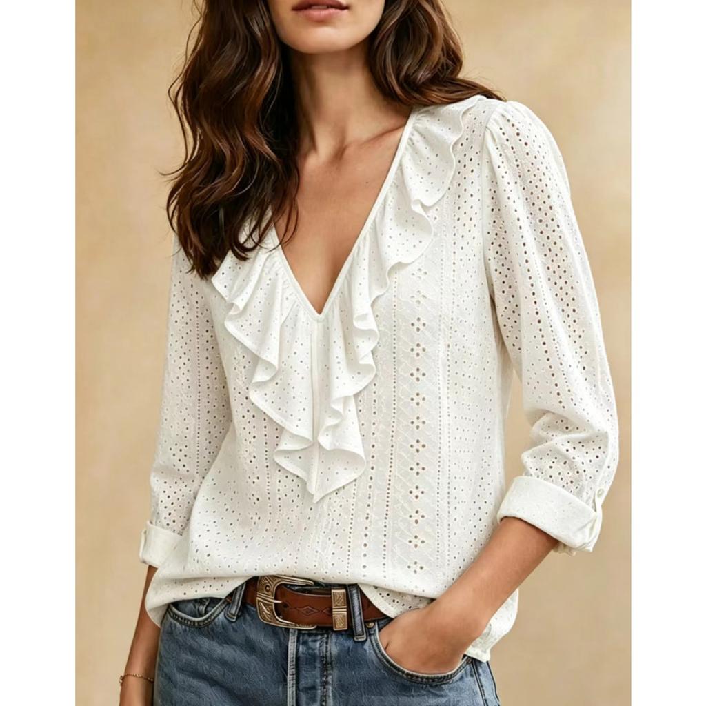 New Women's Long Sleeve V-neck Ruffle Solid Color Elegant Slim Fit Casual Versatile Top for European American Women