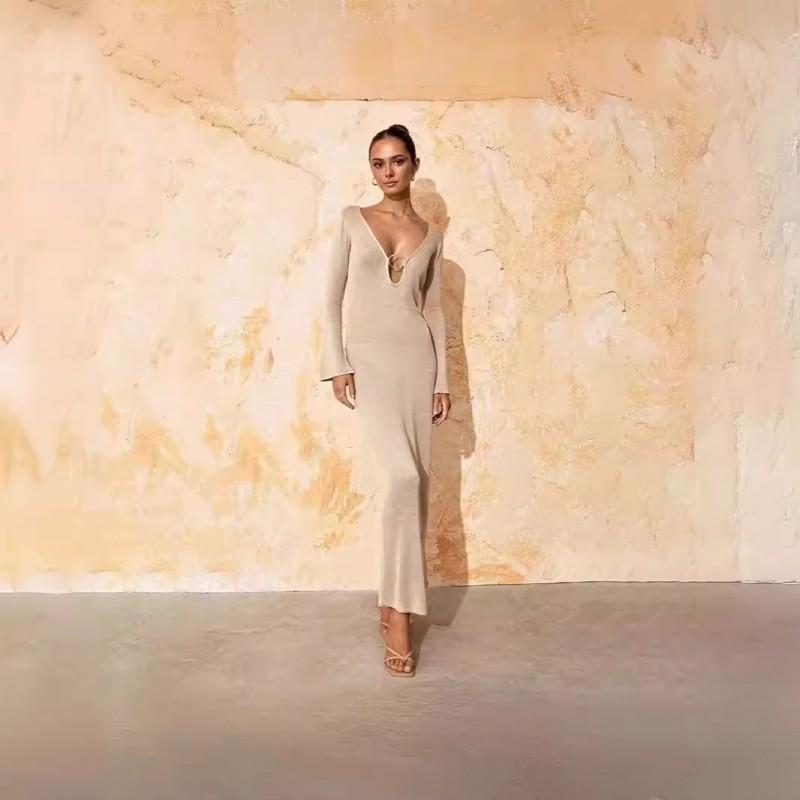 Long Sleeve Knit Midi Dress With U-Neck Open Back Detail A-Line Silhouette Streetwear Style