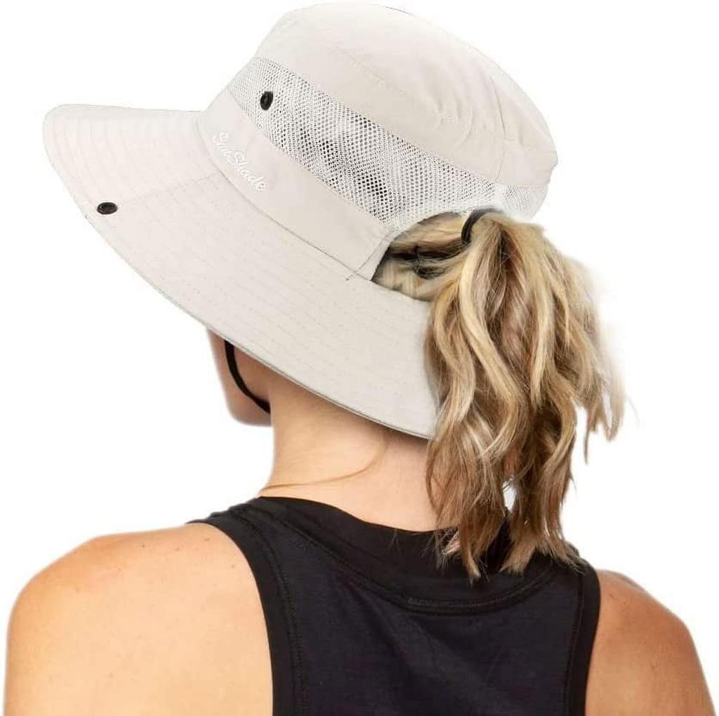 1pc Women's Outdoor UV-Protection-Foldable Sun-Hats Mesh Wide-Brim Beach Fishing Hat with Ponytail-Hole for Outdoor Activities
