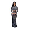 Women Fashion Sets Evening Dress Sexy Clubwear Black Long Sleeve Rhinestone T-Shirt and Skirt 2 Pcs Sets S-2XL