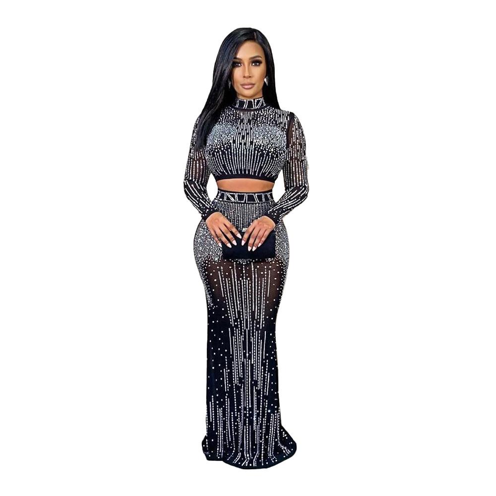 Women Fashion Sets Evening Dress Sexy Clubwear Black Long Sleeve Rhinestone T-Shirt and Skirt 2 Pcs Sets S-2XL