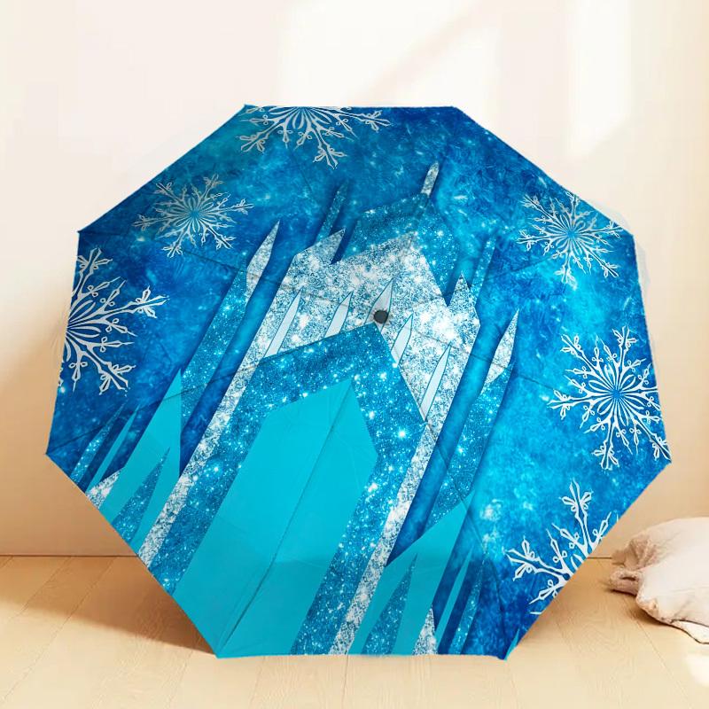 1pc Frozen Castle Snowflakes Automatic Folding Umbrella, Heavy Duty 8 Rib Iron Frame,  Suitable for Travel, Daily Use, Birthday, Decor Gift M0104006