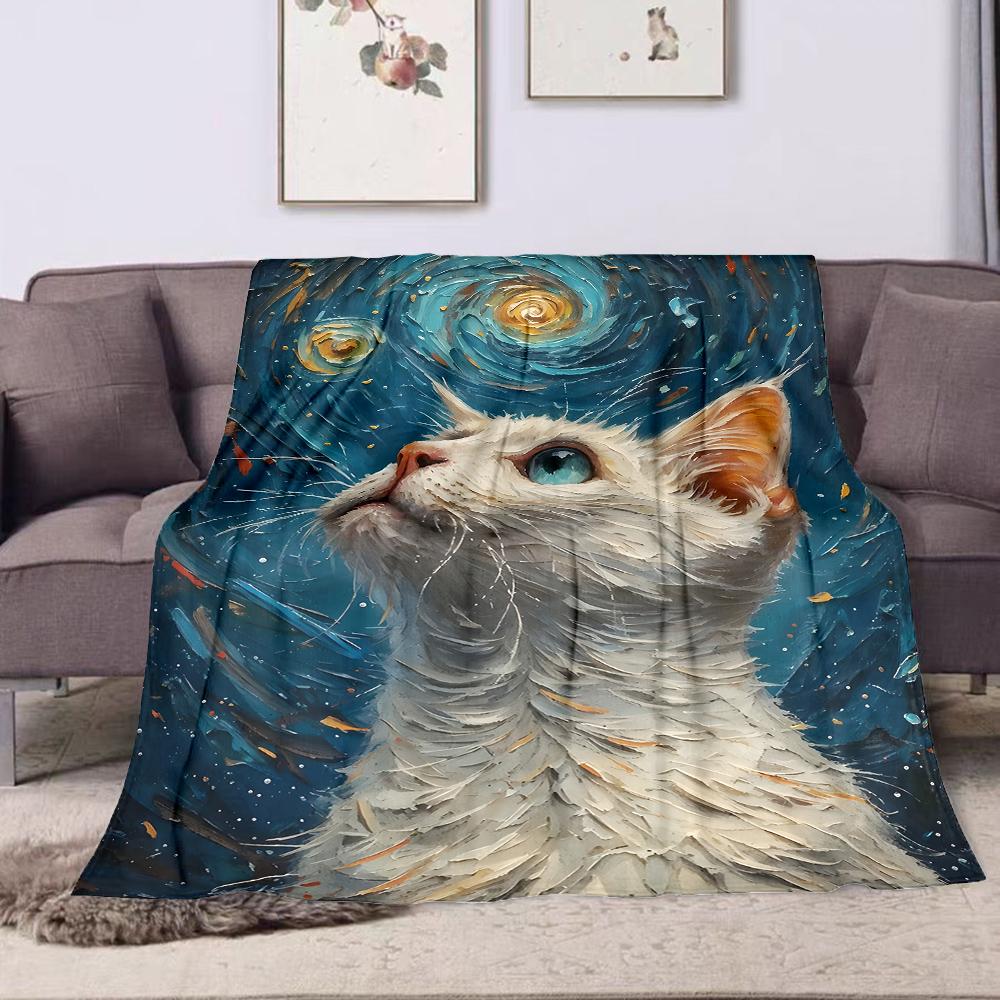 1PC Cat Stargazing Oil Painting Style Print Adult Children Warm Blankets Home Travel Car Soft and Comfortable Luxury Gifts