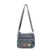 Borsa a Tracolla in Denim da Donna con Ricamo di Gattino Cartone Animato e Multi-scomparti